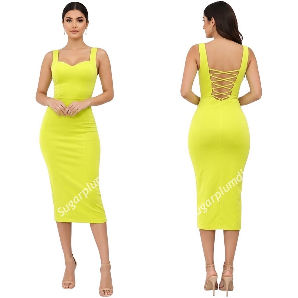 TA3 Squarey Seamed Pencil Dress LARGE Reg/Long Lime Green‎ Snatched Lacing NWT